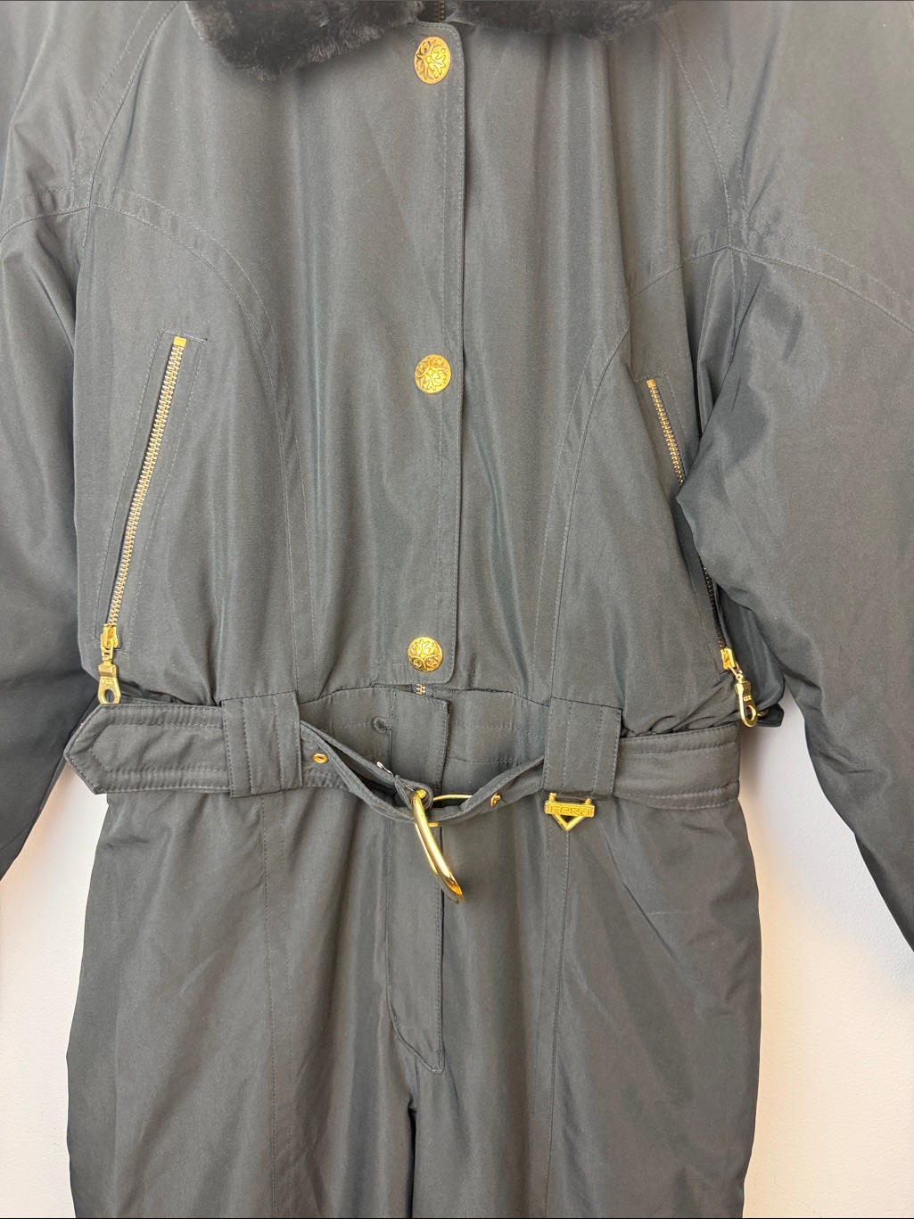 Vintage 1980s Black One Piece Ski Snowsuit Faux Fur Collar Matching Belt Size 12 — image 4 of 8